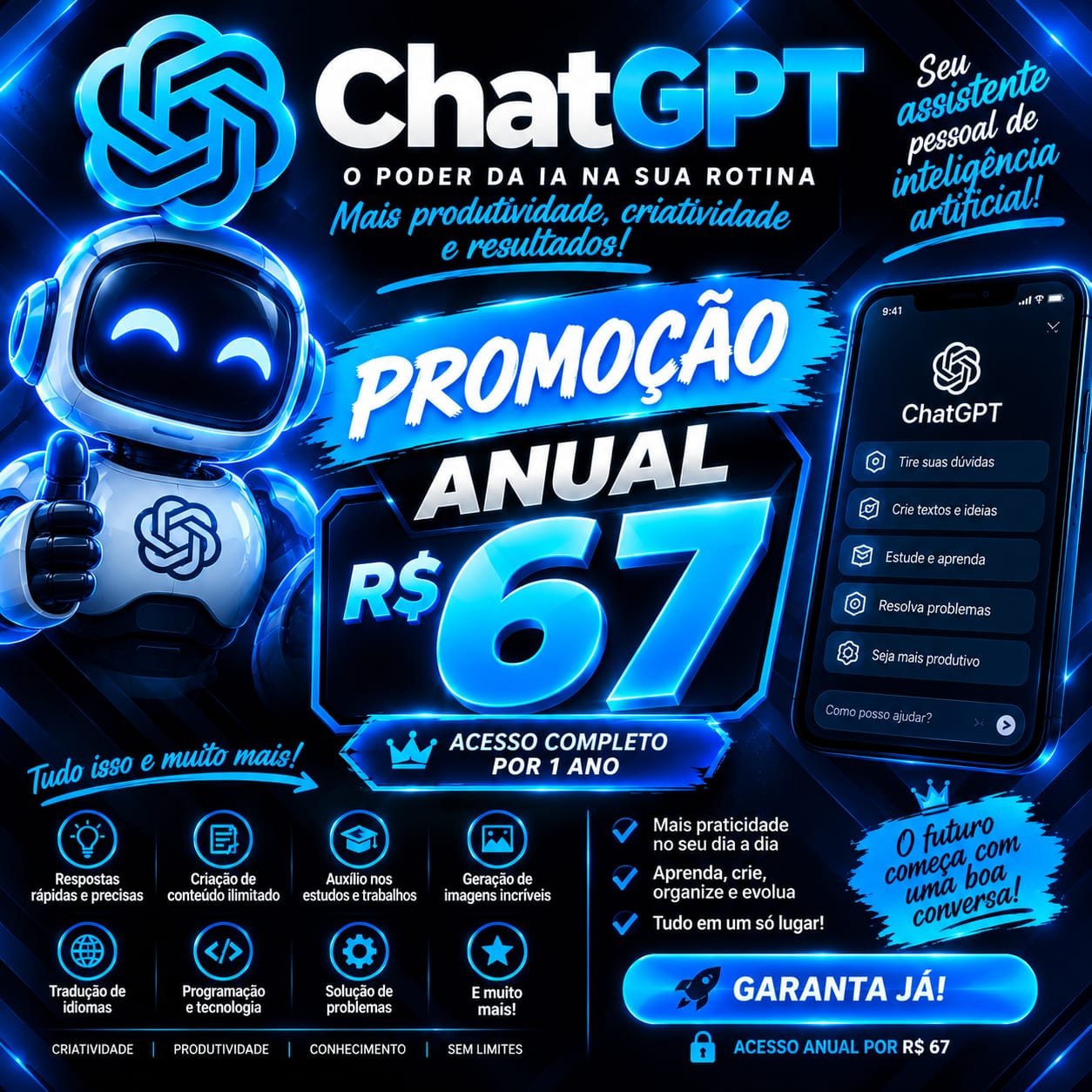 Chat GPT Privado! Individual Login e senha Funciona em desktop e celular. Pagamento único anual. Somente 67,00 reais.